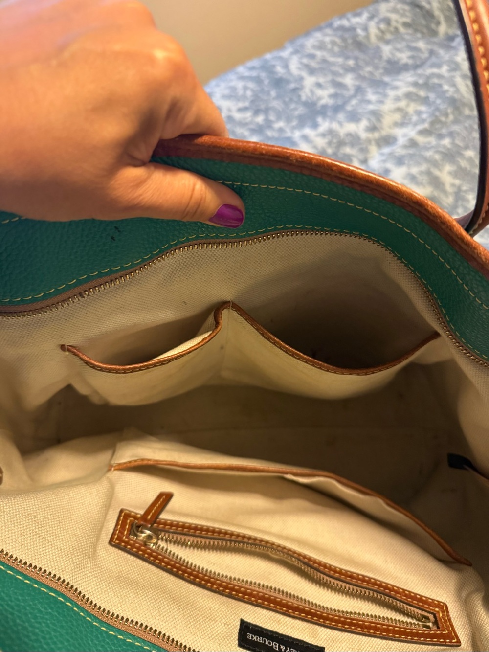 Dooney  and Bourke teal Leather Tote Bag with Brown Trim - Picture 7 of 11